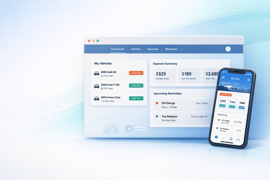 Illustration produit : tableau de bord desktop et application mobile pour vehicules, depenses et rappels d'entretien.