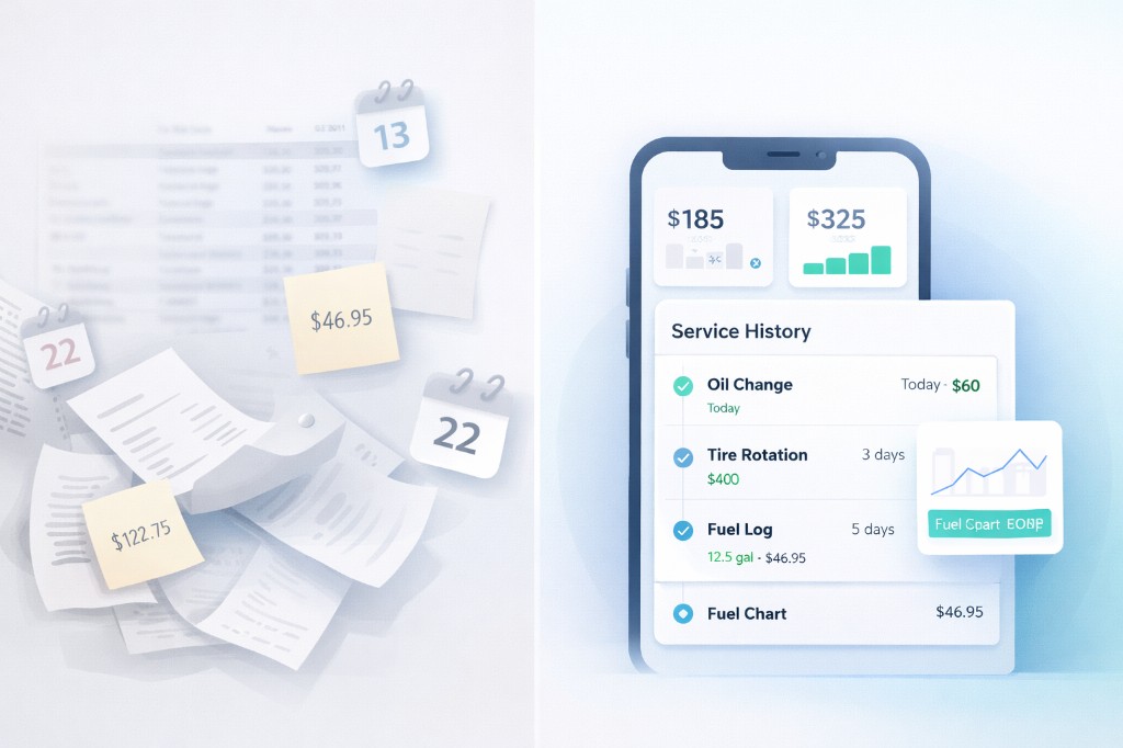 Illustration : recus et notes eparpilles face a une application mobile organisee avec historique d'entretien et couts carburant.
