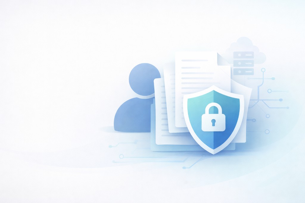 Illustration : documents et donnees utilisateur proteges par un bouclier et un cadenas, avec de subtils indices de cloud et de reseau.